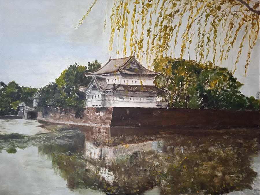 "Estamp-like", Tokyo, Japon, huile sur papier, 65x50 cm