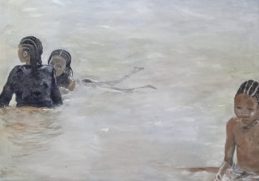 "Bathing in the sea", Nungwi, Zanzibar, huile sur toile, 80x60cm, Juillet 2023