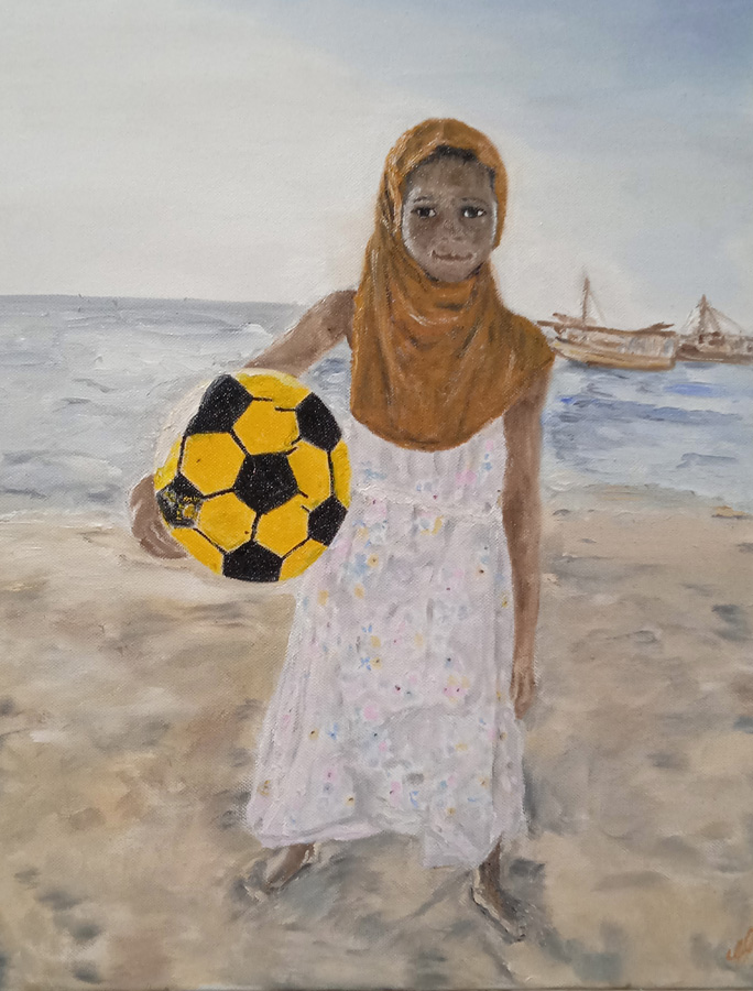 "The yellow ball", Stone Town, Zanzibar, huile sur toile, 40x50cm, juillet 2023