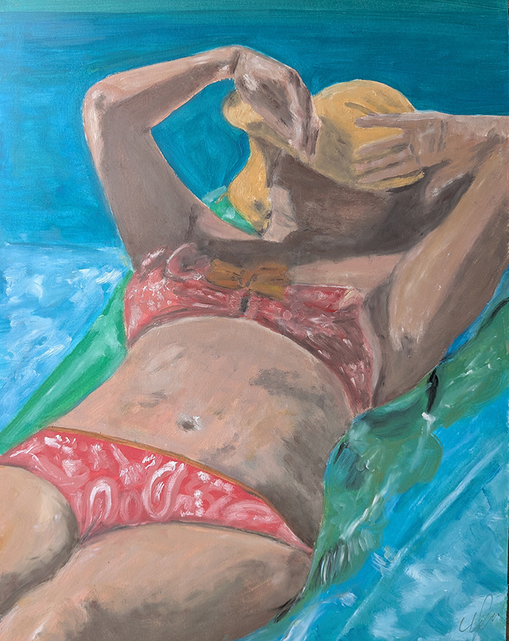 Août, Corronsac, ma cousine, sa piscine ', huile sur papier cartonné, 50 x 65 cm, octobre 2025